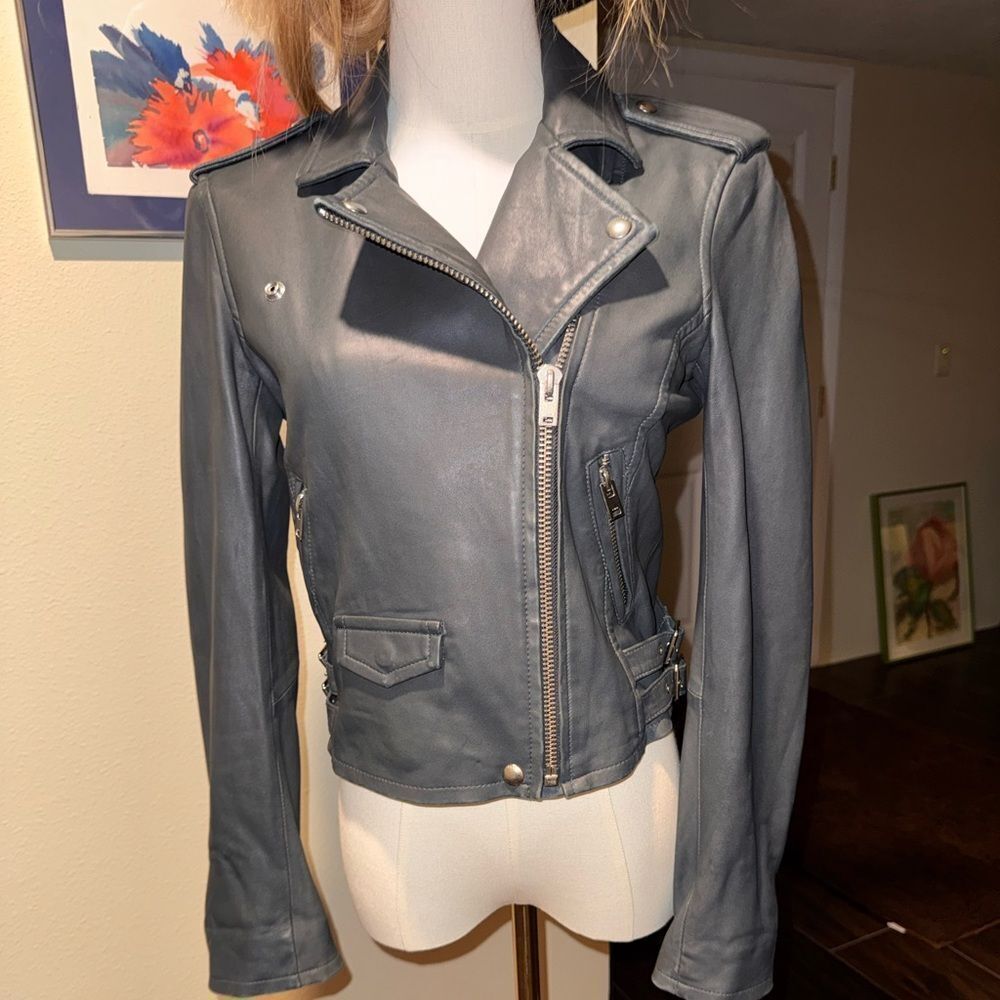IRO Paris Ashville Slate Grey Lambskin Leather Moto Biker Jacket Size FR 36-US 4
